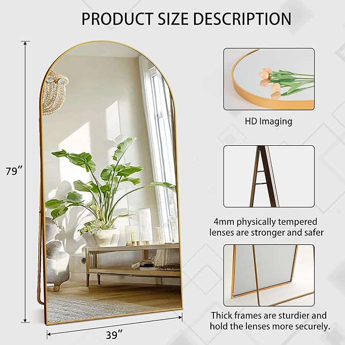 Beauty4U 79" x 39" Arched Full Length Mirror with Stand, Large Floor Mirror Full Body Tempered Glass, Gold Metal Frame Standing, Leaning or Wall Mounted Mirror for Bedroom, Living Room, Dressing Room
