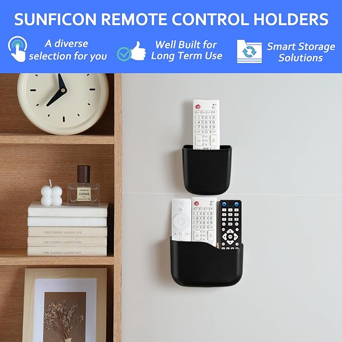 Remote Holder Wall Mount TV FAN Remote Control Holder Bedside Caddy Wall Organizer Phone Holder for Office Adhesive Media Player Controller Holder Box Tray Home Desk Nightstand 1 BIG 2 SMALL BLACK