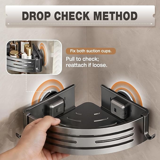 Conworld Corner Shower Caddy Suction Cups, Corner Shower Shelf for Inside Shower, Organizer Suction for Bathrooms Storage, No-Drilling Removable (Aluminum, 2-Pack, Gunmetal Gray)