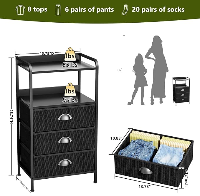 Night Stand with 3 Fabric Drawers, Bedside Table with Wood Top and 2 Tier Shelf, End Table with Storage Drawer Dresser, Small Side Table for Bedroom, Metal Frame, Black