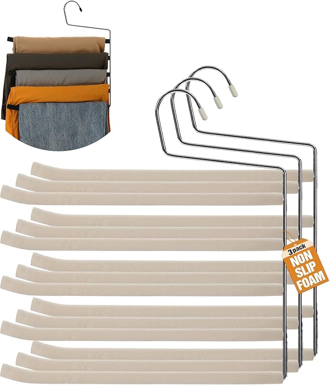 Multi Layer Space Saving Non Slip Tiered Foam Padded No Creases Pants Hangers 5 Tier Steel Open Ended Beige 3 Pack