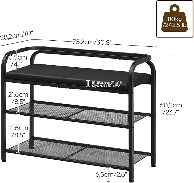 YATINEY Shoe Bench with Backrest, Entryway Bench, 2-Tier Shoe Rack with PU Padded Seat, Upholstered Shoe Storage Bench with Back, for Hallway, Entryway, Foyer, Bedroom, Black HX04BB