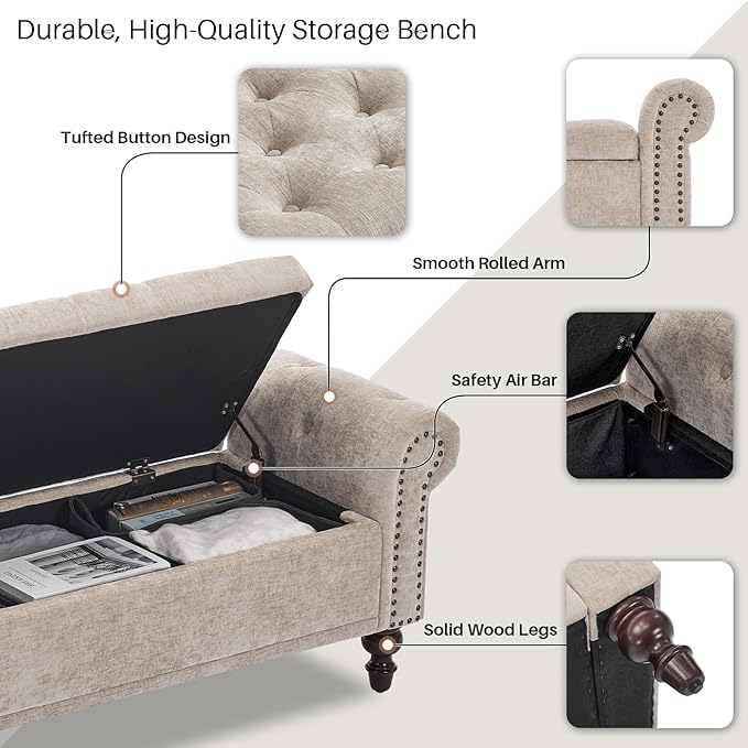 SOFTHION Storage Bench for Bedroom, 67" End of Bed Bench King Size, Upholstered Chenille Storage Ottoman with Tufted Cushioned Rolled Arm Large Storage Space for Living Room Entryway, Light Brown