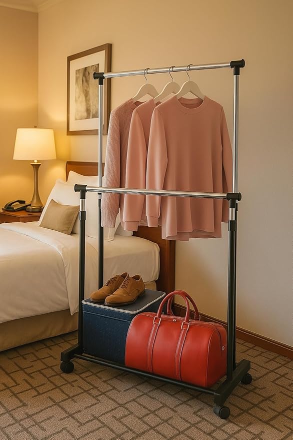 Heavy Duty Garment Rack with Sturdy Wheels | 450 lb Load Capacity | Adjustable Metal Clothing Anti-Slip Rack for Hanging Clothes, Lockable for Stability (Double Rod)