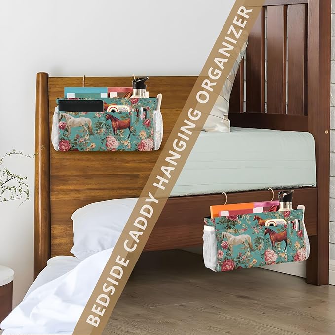 Bedside Caddy Hanging Bunk Bed Caddy Bed Organizer Hanging Pocket with 2 Hooks Bedside Storage Organizer Pocket Bag Holder Teal Horses and Red Roses