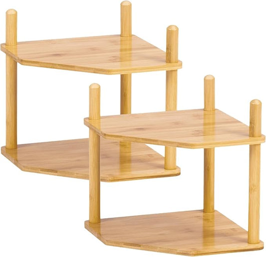 3-Tier Expandable Bamboo Corner Shelf - Dish/Plate Organizer for Cabinet, Kitchen Counter Shelf & Small Kitchen Shelf, Adjustable (6.7" H-2PC, 2-Tier)