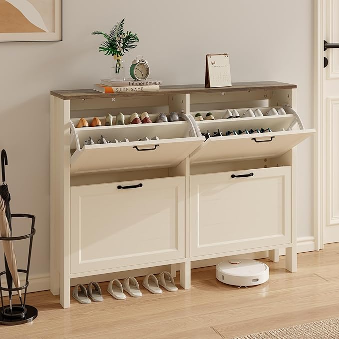 LOUVIXA Shoe Cabinet with 4 Flip Drawers, Narrow Shoe Storage Cabinet, Freestanding Shoe Cabinet Organizer, Hidden Shoe Rack Cabinet for Entryway, Hallway (4-Drawers, Off White-Brown)