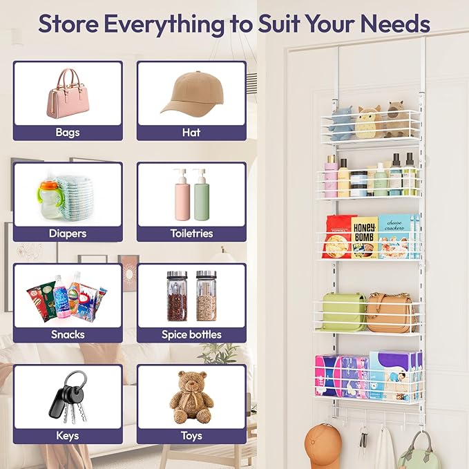 SWTYMIKI Over The Door Organizer - Door Organizer Hanging with 5 Adjustable Metal Large Capacity Basket and 6 Coat Hook, Wall Mounted Shelves for Bedroom Closet Bathroom Laundry Pantry Kitchen