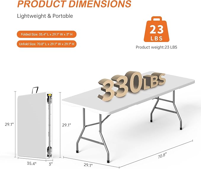 VSOAEIL Folding Table 6 Foot for Indoor Outdoor, Portable Heavy Duty Fold-in-Half Utility Plastic Foldable Dining Table with Carrying Handle for Picnic, Camping and Party, White