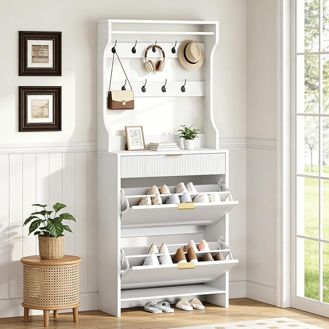 RALGEND Shoe Cabinet with Coat Rack, Tall Narrow Hidden Shoe Storage Cabinet with 2 Flip Drawers, Slim Freestanding Shoe Rack with Hooks, Hall Tree, Narrow Shoe Organizer for Entryway, White