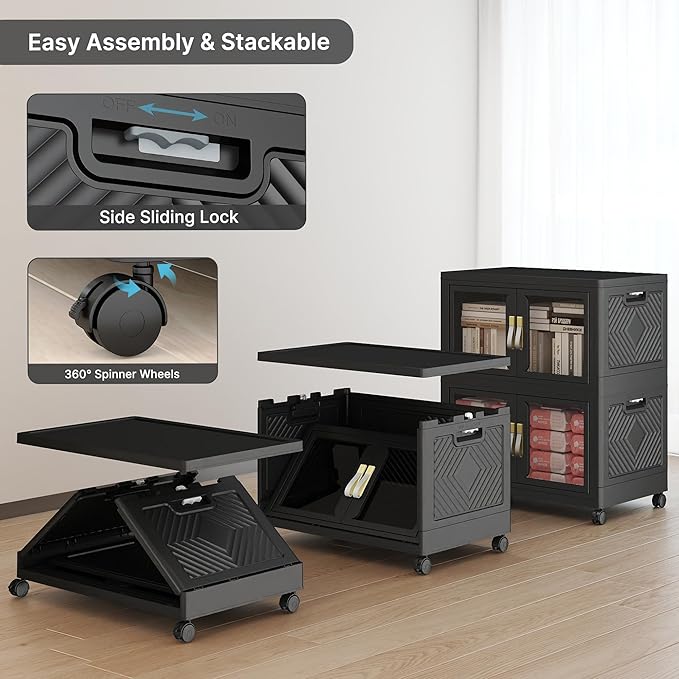 UAMFURI Stackable Storage Bins with Lids, Clear Doors, Large Storage Cabinet Foldable Collapsible Closet Organizers for Bedroom Dorm Office (2, Black, 120, Quarts)