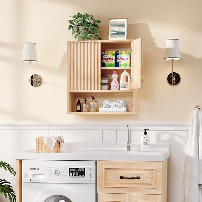 VINGLI Bathroom Wall Cabinet with Fluted Doors, Natural Oak Wall Mounted Medicine Cabinet with Adjustable Shelf, Over The Toilet Storage Cabinet for Bathroom, Kitchen & Laundry Room