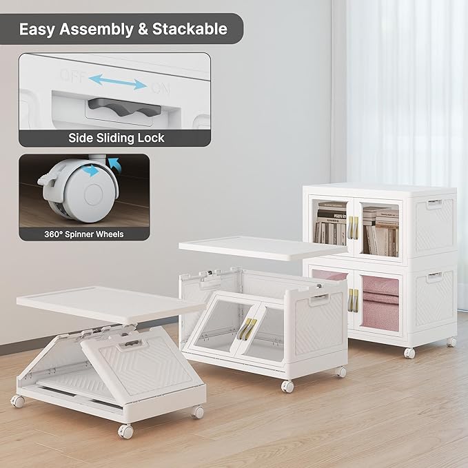 UAMFURI Stackable Storage Bins with Lids, Clear Doors, Large Storage Cabinet Foldable Collapsible Closet Organizers for Bedroom Dorm Office (2, White, 120, Quarts)