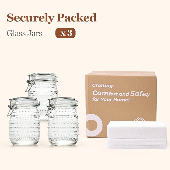 ComSaf 34oz 3 Pack Vintage Hobnail Decorative Glass Canisters with Airtight Clamp Lidsfor Coffee Bar, Tea Station and Kitchen Gift, Wide Mouth Clear Jars for Sugar, Snacks, and Countertop Display
