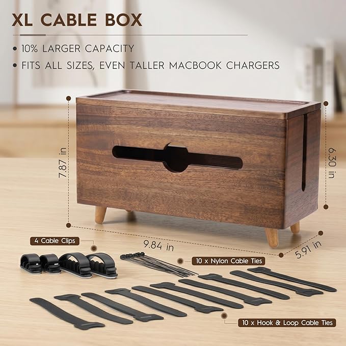 Extra Large Cable Management Box，Wood Cable Organizer Box,Power Strip Box & Organizer for Power Strip, TV Wires & Desk Cable Storage,Hide Desk Cord and Floor Cables