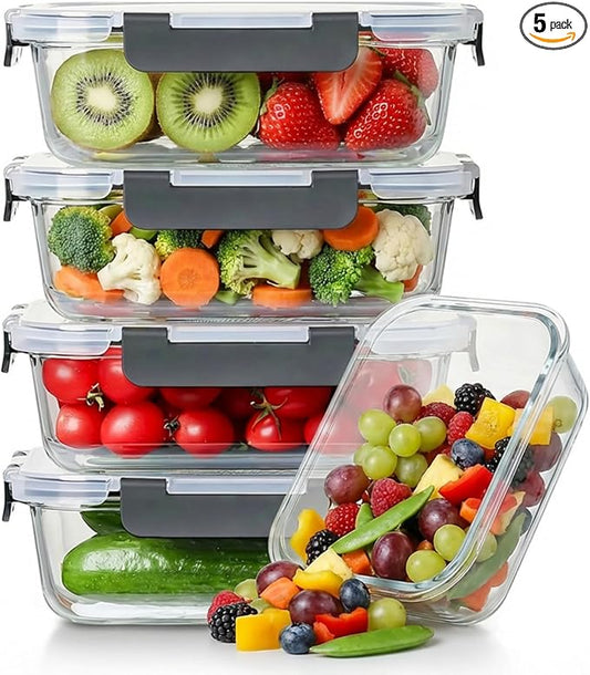5 Pack 36oz Borosilicate Glass Food Storage Containers Set with Lids, Freezer Meal Prep Containers, Airtight Bento Lunch Container Set, Oven, Freezer and Dishwasher Safe, BPA Free, Kitchen Storage Set