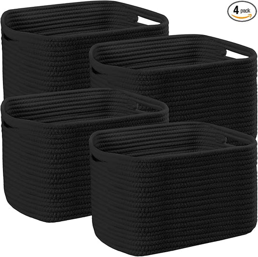 4 Pack Storage Baskets for Organizing, 12''Lx9''Wx8''H Woven Baskets for Storage Toys, Towels, Books, and Clothes, Cotton Rope Basket for Shelves with Handle White & Brown