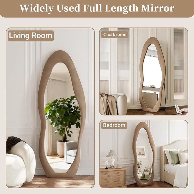 Irregular Full Length Mirror, 63"x24" Flannel Full Body Mirrors, Velvet Floor Mirrors with Stand, Irregular Wavy Mirror Hanging or Leaning Against Wall for Bedroom Living Room, Brown