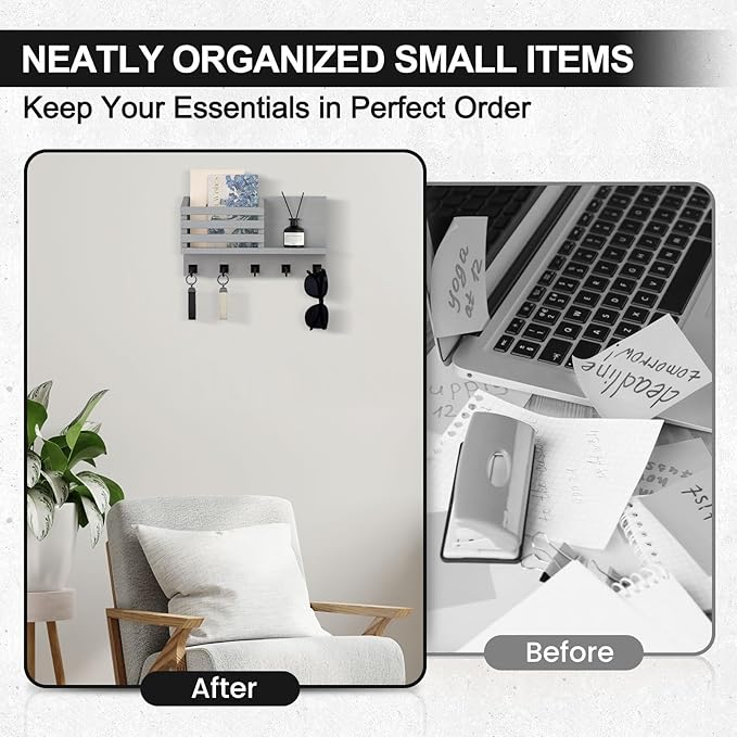 Key Holder Wall Mount, Mail Organizer for Wall with 5 Square Rustic Key Hooks Key Shelf Farmhouse Home Decor for Entryway