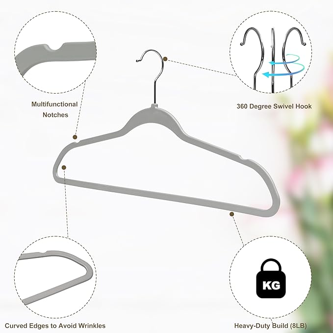 Quality Hangers 50 Pack Slim Plastic Hangers for Clothes - 16.5" Won't Crease Your Clothes, Heavy Duty Non-Velvet Gray Hangers 360° Swivel Chrome Hook Non Slip Notches Dresses Coats Shirts Jackets