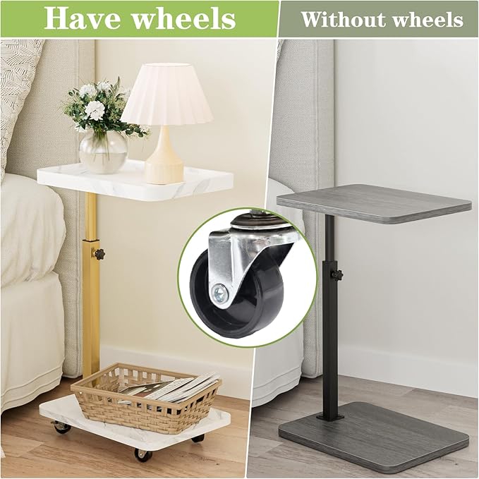 TV Tray Table, Adjustable Dinner Trays for Eating Table,360° Swivel& Sofa Armrest End Side Couch Snack Table for Sofa, Bedroom, Living Room, C Shaped End Table that Slide Under(White+Gold)