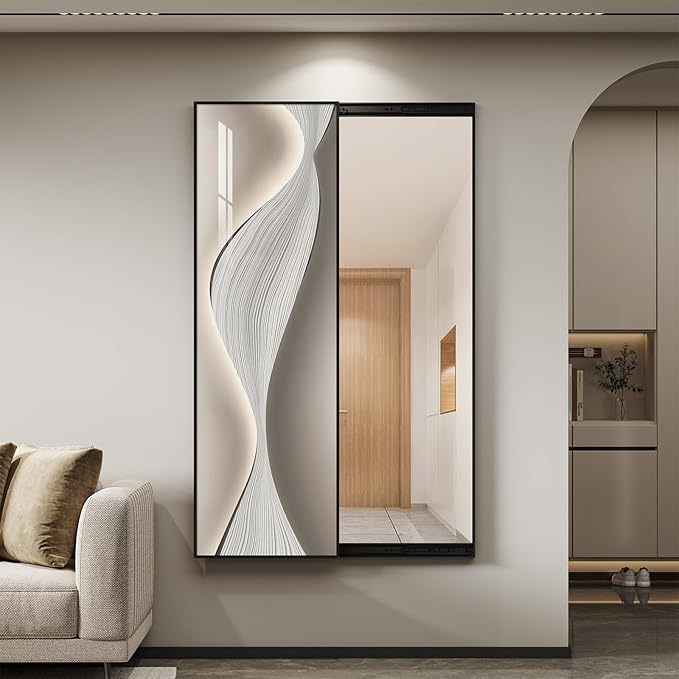 Framed Sliding Full Length Wall Mounted Mirror, Large Vertical Modern Abstract Full Body Mirrors for Wall Decor Living Room, Minimalist Elegant Silver White Mirror Wall Art for Bedroom, Hallway