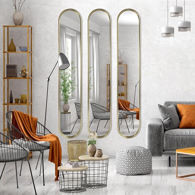 OUSHUAI Gold Tall Mirror,Narrow Capsule Long Mirrors with Metal Frame for Entryway,Hallway,Living Room 44"X8" (3pcs)