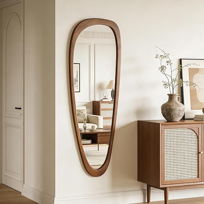 Ruomeng Full Length Irregular Wall Mirror, 60 x 22 Inch Wooden Mirror, Boho Large Decorative Asymmetrical Mirror for Bathroom, Living Room, Bedroom, Entryway, Farmhouse, Tempered Glass, Shatterproof