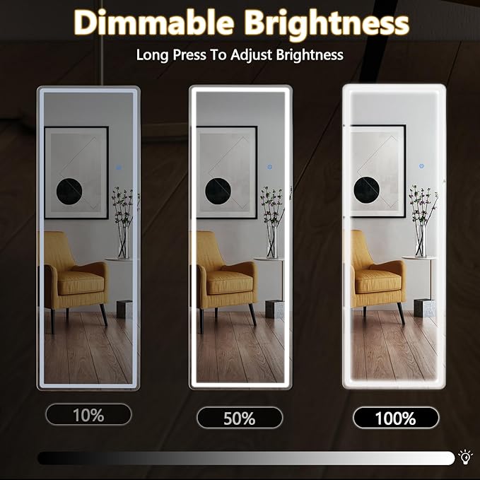 NEWBULIG 64"x21" Full Length Mirror with Light, 3 Color Lighting Full Body Floor Mirror with Aluminum Alloy Thin Frame, Wall or Standing Mirror for Bedroom, Living Room, Dressing Room, White