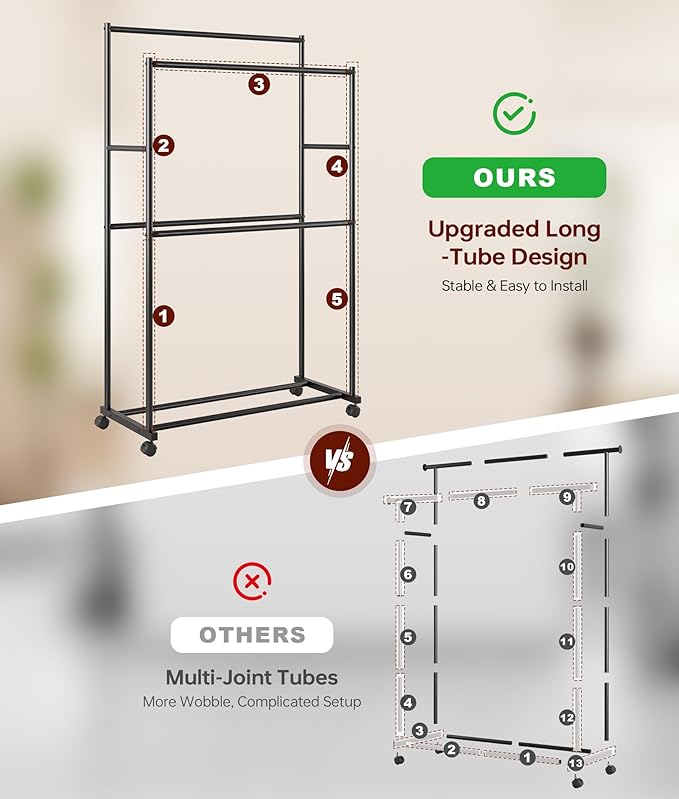 Clothes Rack - 36.2" x 21.3" x 72", 4-Bar Double Rod Rolling Metal Clothing Rack for Hanging Clothes, Portable Garment Rack with Wheels for Bedroom Laundry, Closet Wardrobe, Black