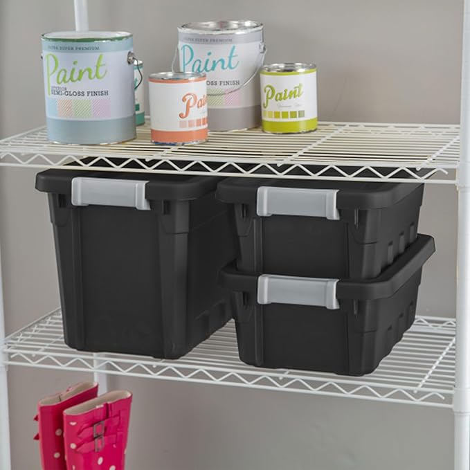 Sterilite 6-Pack Stacker Tote, Stackable Plastic Storage Bins with Lids, 4 Gallon, Black - Small Organizer Bin Containers for Bed, Garage, Office, Kitchen, and Classroom Organization