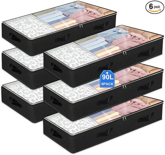 6 Pack Under bed Storage Containers, 90L Large Capacity Bedroom Closet Organizers and Storage Bins Foldable Underbed Storage Bags for Clothes, Blanket, Towels, Comforter, Sweaters, Linen Sheet Black