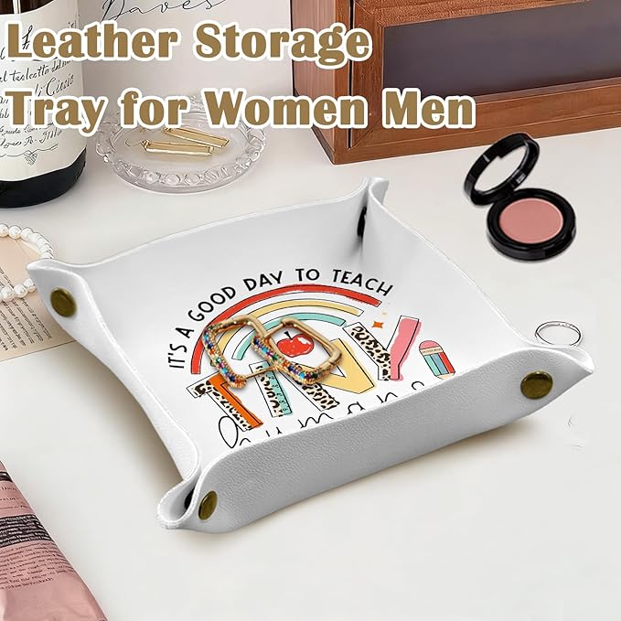 Teacher Appreciation Gifts,Teacher Gifts for Women Men PU Leather Catchall Beside Caddy Nightstand Organizer Tray for Jewelry Rings Watches and Accessories,7.87x7.87