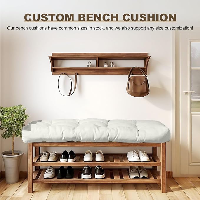 Bench Cushion 47 inches,Indoor/Outdoor Non-Slip Tufted Cushions, Premium Waterproof Linen, Soft Piano Sofa Cushions, High-Density Memory Foam(White-47x19 x 4 in)