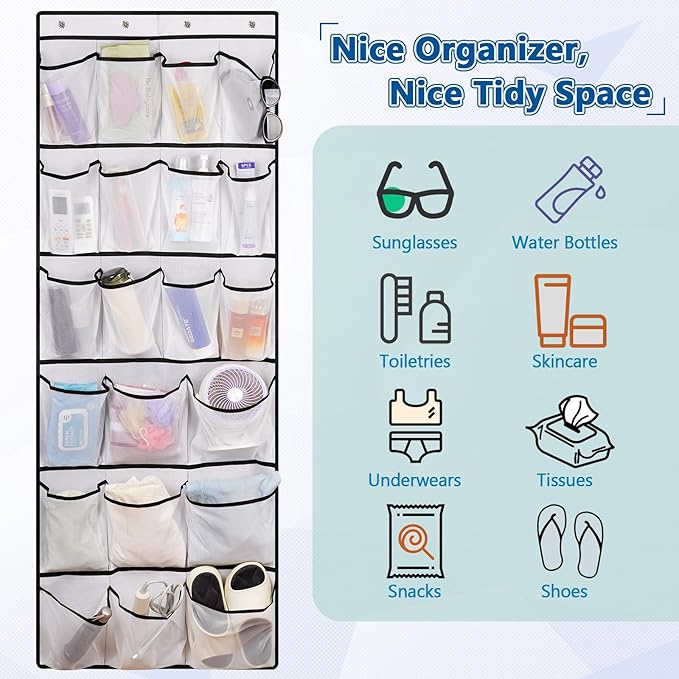 Over The Door Cruise Ship Organizer - Cruise Ship Magnetic Door Organizer with 21 Size-Graded Pockets, Hanging Magnetic Cruise Storage Shoe Rack for Cabin, 2026 Cruise Essential, 12 Hooks(White)