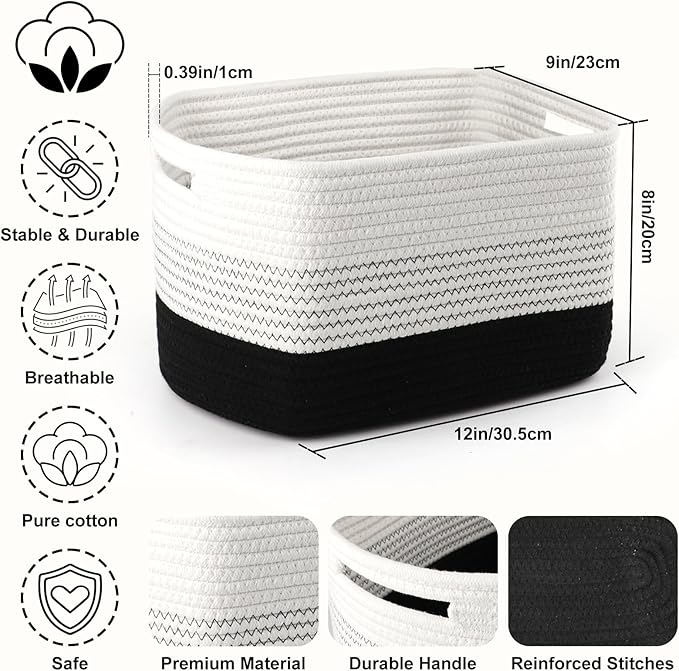 4 Pack Storage Baskets for Organizing, 12''Lx9''Wx8''H Woven Baskets for Storage Toys, Towels, Books, and Clothes, Cotton Rope Basket for Shelves with Handle White & Brown