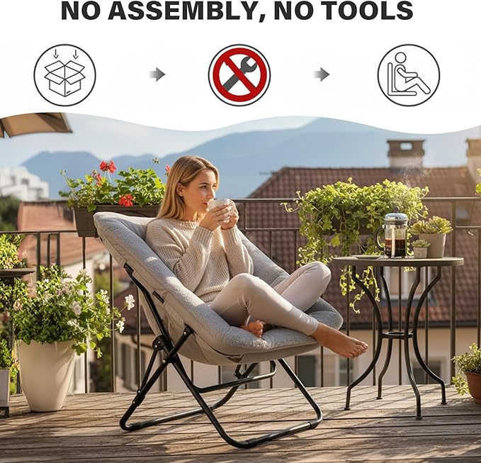 Tiita Comfy Saucer Chair, Soft Faux Fur Oversized Folding Accent Chair, Lazy Chair for Teens Adults, Metal Frame Moon Chair for Bedroom, Living Room, Dorm Rooms, X-Large, Grey