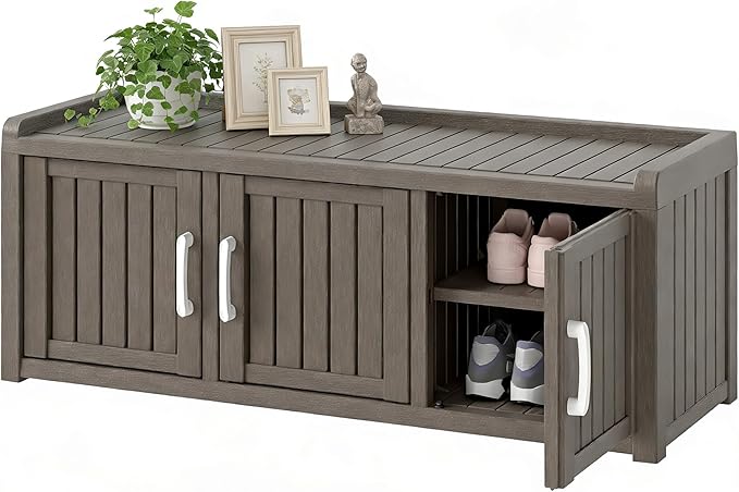 2-Tier Storage Bench, Waterproof UV-Resistant Outdoor Shoe Storage Cabinet with 3 Doors & Adjustable Shelves for Indoor Outdoor Entryway, Hallway, Living Room (Classic Gray)