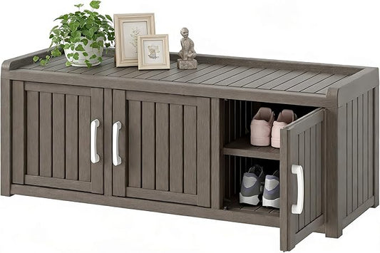 2-Tier Storage Bench, Waterproof UV-Resistant Outdoor Shoe Storage Cabinet with 3 Doors & Adjustable Shelves for Indoor Outdoor Entryway, Hallway, Living Room (Classic Gray)