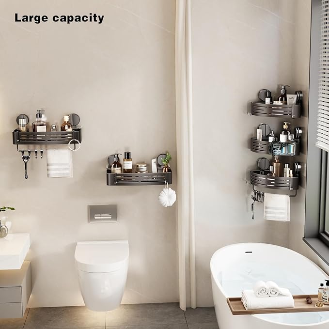 VOLPONE Shower Caddy Suction Shower Shelf No Drilling Shower Organizer Suction Cup Shower Storage Rack Aluminum Wall Mounted Shampoo Holder with Towel Bar Hooks (3-Pack, Matte Gray)