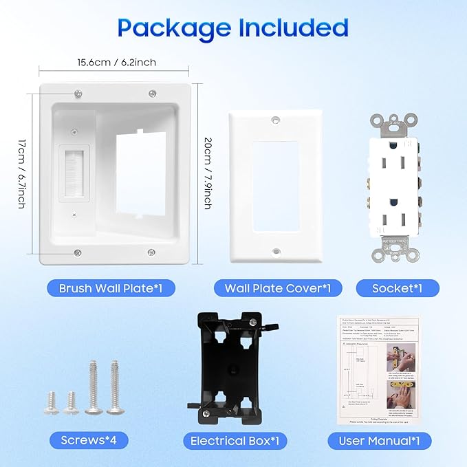 Recessed Outlet Box in Wall Cable Management Kit, Hide Cables Behind The Wall, Cable Pass Through Wall Plate Insert for TV HDMI Network Ethernet Home Theater Speaker Systems (White 6.2 * 7.9 inch)