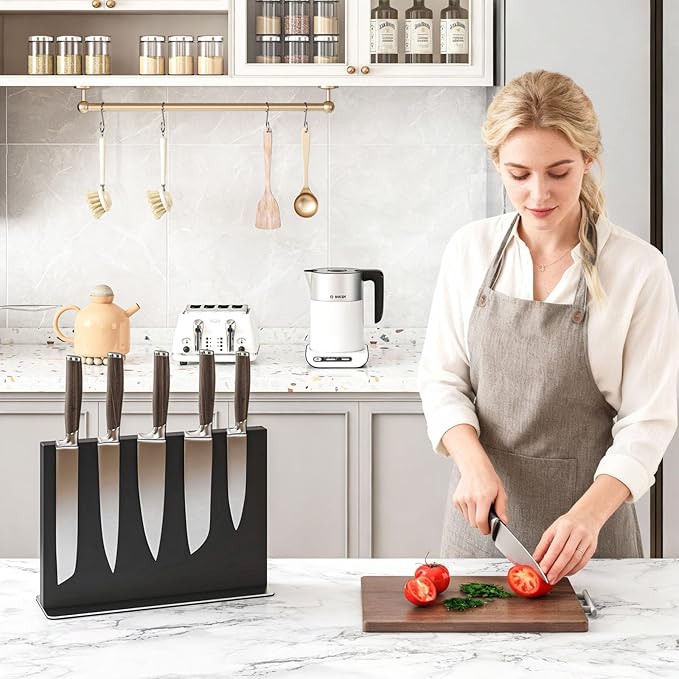 THMINS Magnetic Knife Holder, Double-Sided Magnetic Knife Block, 304 Stainless Steel Knife Holder for Kitchen Counter, Black Knife Stand