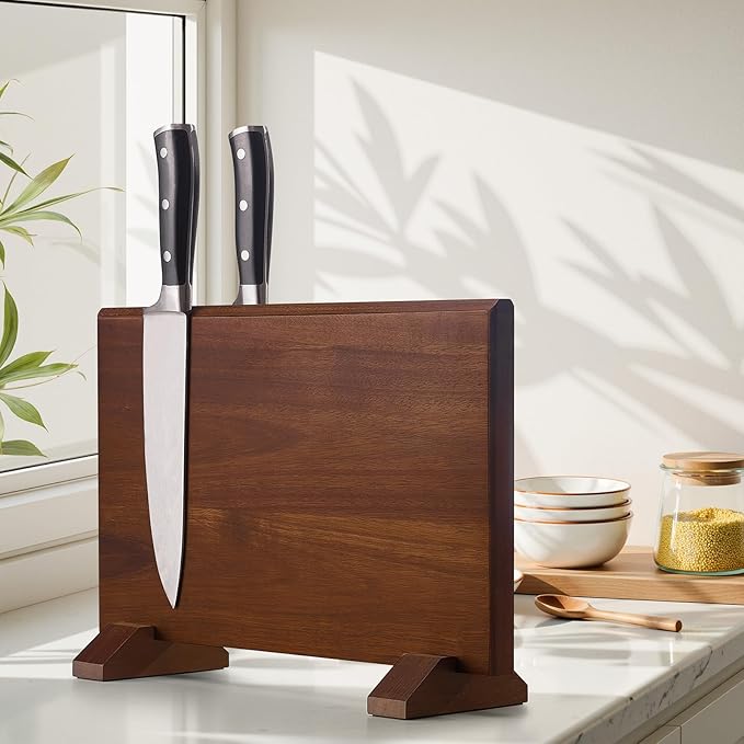 Magnetic Knife Block, Double-Sided Thick Acacia Wood Knife Holder Stand with Strong Magnets, Multifunctional Kitchen Knife Storage Organizer for Countertop