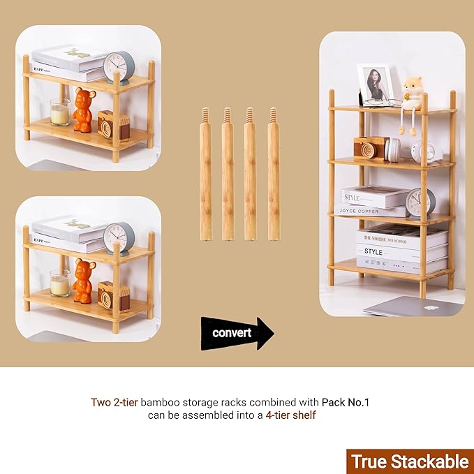 4-Tier Expandable Bamboo Desktop Organizer Shelf Kitchen Cabinet and Counter Riser Display Shelf for Top of Desk Home Office Bathroom Coffee Table Display Stand,Natural