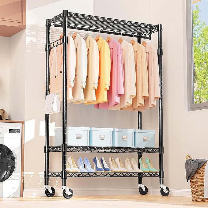 M MZG Heavy Duty Rolling Garment Rack 3 Tiers Adjustable Wire Shelving Clothes Rack with Rods and Side Hooks,Storage Closet Clothing Rack with Wheels Black 17.7" D x 47.2" W x 83.6" H