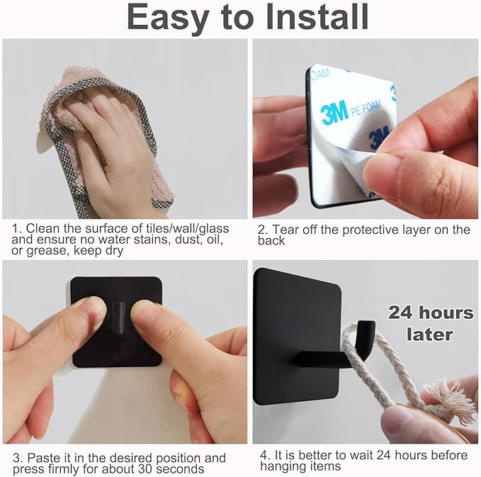 Adhesive Hooks Heavy Duty 8 Pack Stainless Steel Wall Hooks No Drill, Waterproof Bathroom Towel Hooks, Removable Sticky Hooks for Kitchen Shower Door Bedroom – 15 lbs Max, Matte Black