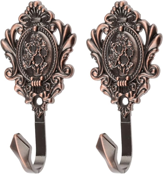 2Pcs Wall Hooks Red Copper Rose Pattern Carved Vintage Drapery Clothes Key Hook Bathroom Bedroom Multi-Function Decorative Hook with Screws