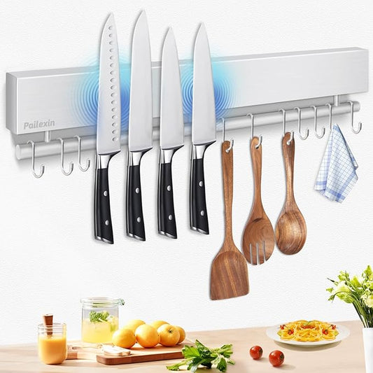 17 inch Magnetic Knife Holder with 10 Hooks, No Drilling Wall Mount, Powerful Magnet Rack