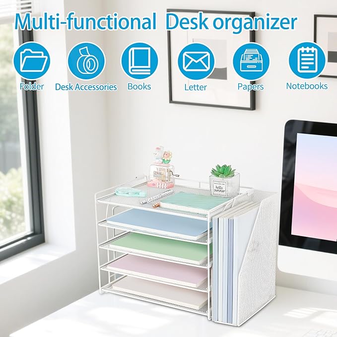 AUPSEN Desk Organizers and Accessories, 5-Tier Desktop Paper File Organizer with Removable File Holder, Desk Accessories & Workspace Organization for Home Office Supplies (White)