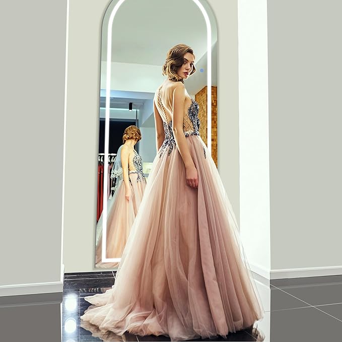 Antok LED Full Length Mirror with Light, 56"x20" Lighted Full Body Mirror with Stand, Dimmable & 3 Color Lighting Standing/Leaning/Wall Mounted Vanity Mirror for Bedroom Cloakroom Livingroom(Arched)